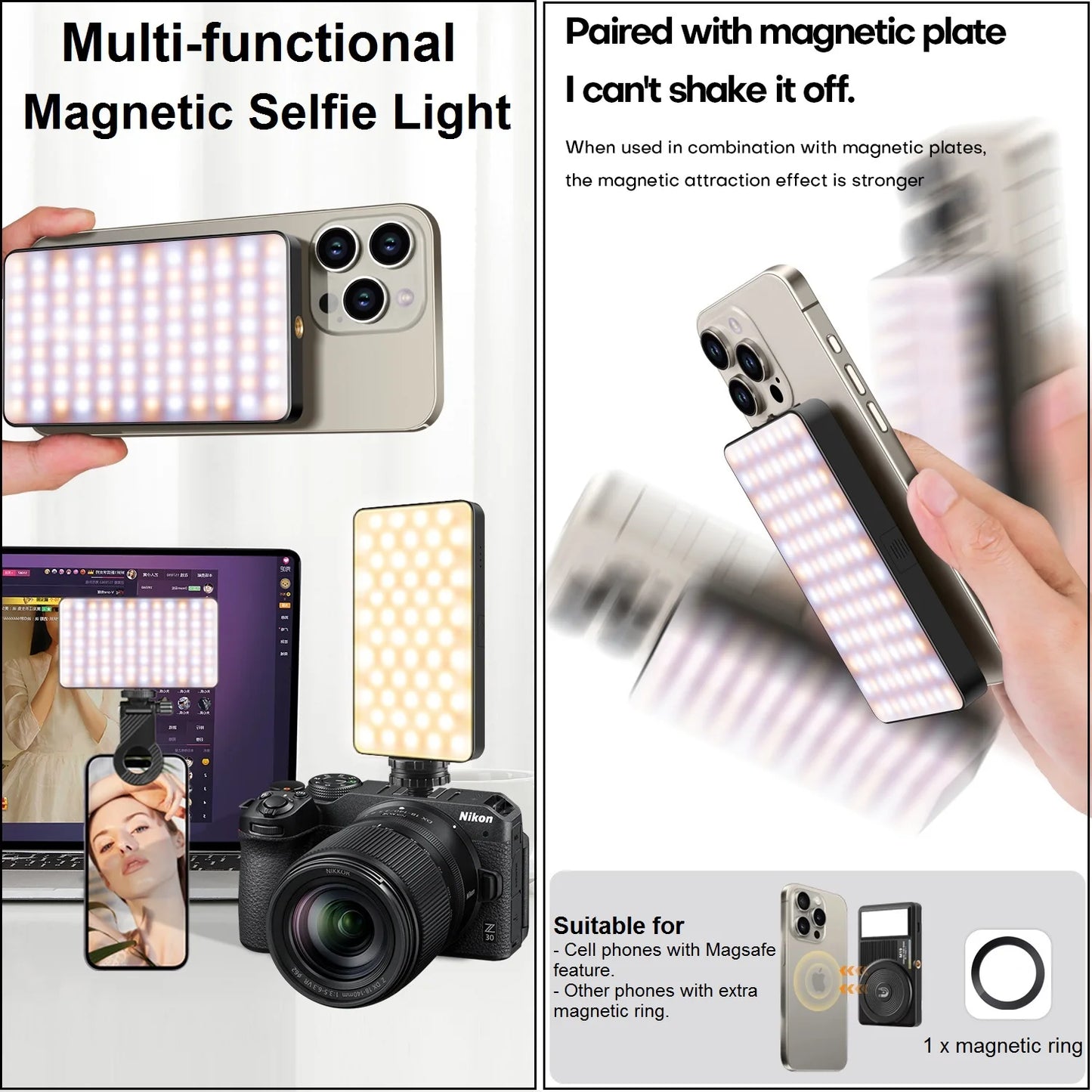 Magnetic Selfie Light for iPhone iPad Camera Laptop Vlog Tiktok Makeup